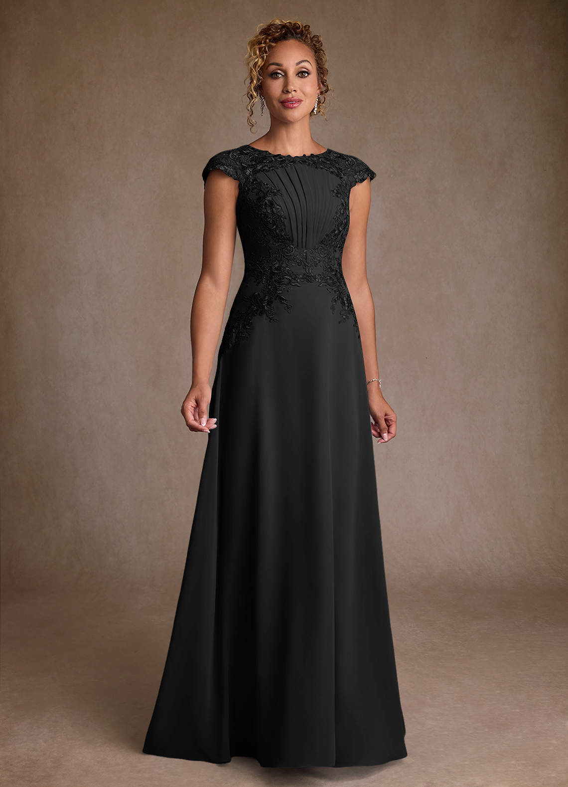 Christi A-Line Scoop-Neck Chiffon and Lace Mother of the Bride Dress in black