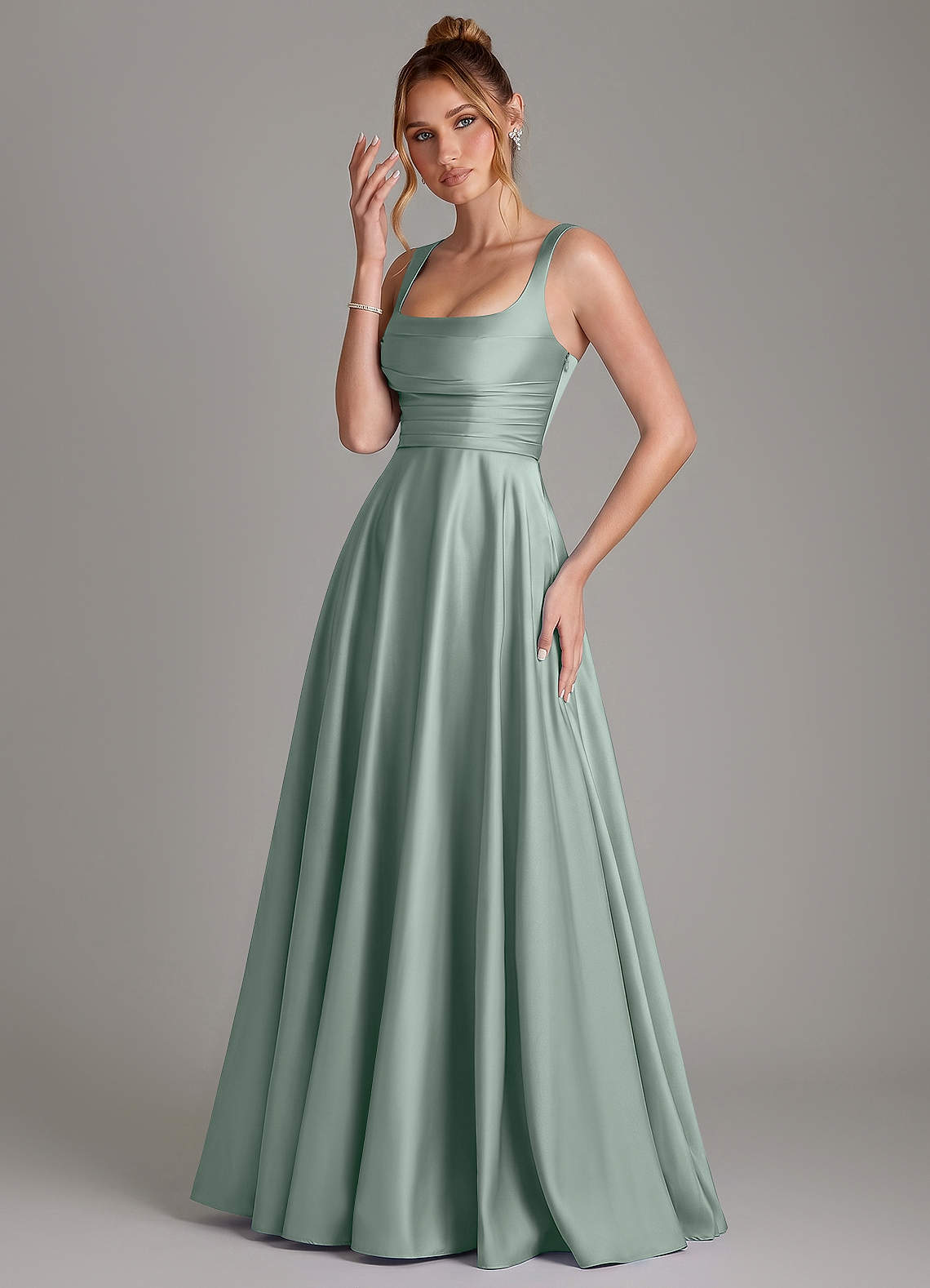 Azaria A-Line Square-Neck Stretch Satin Bridesmaid Dress in Agave