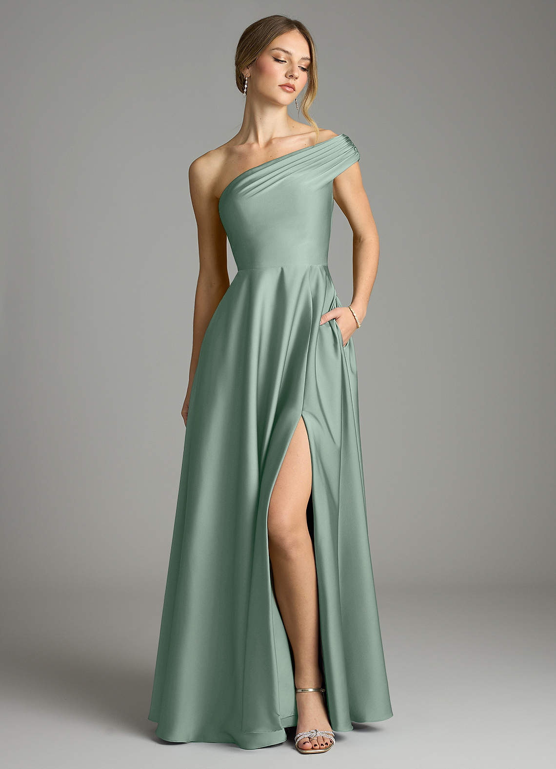 Melanie A-Line One-Shoulder Stretch Satin Bridesmaid Dress in Agave