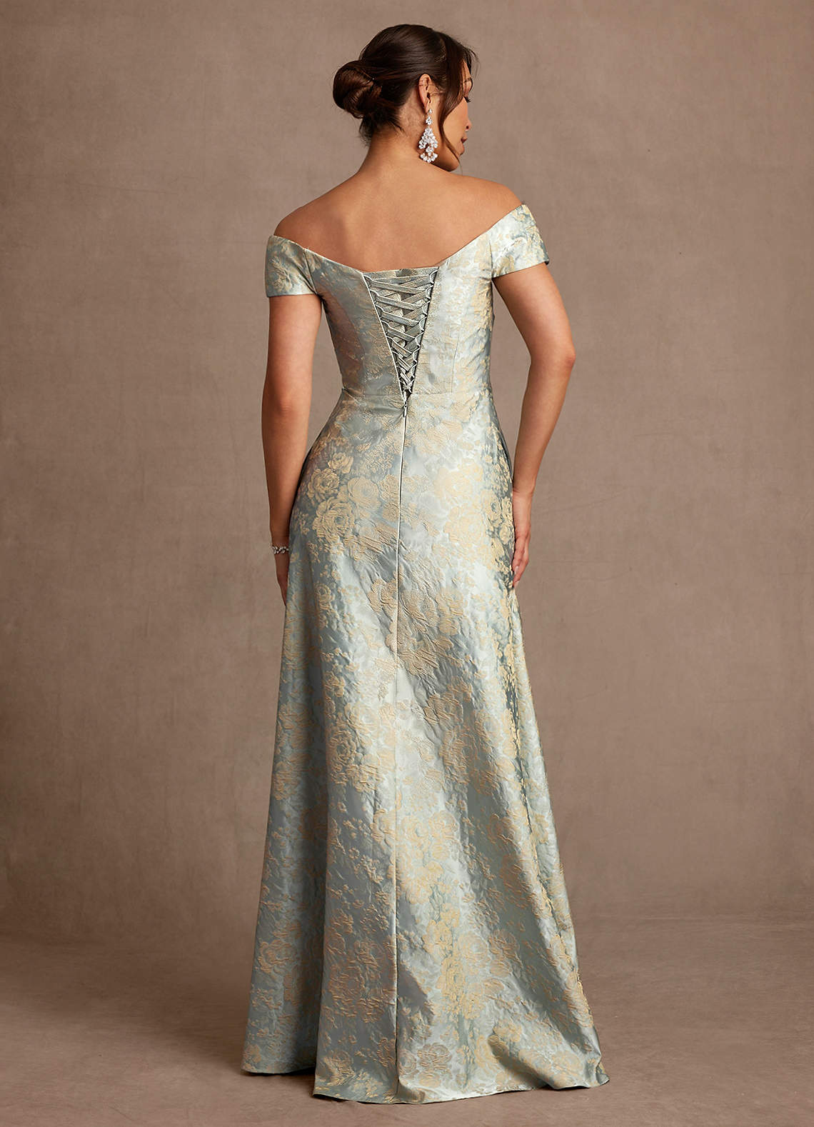 Beatrix A-Line Off-the-Shoulder Jacquard Mother of the Bride Dress in Vintage Blue
