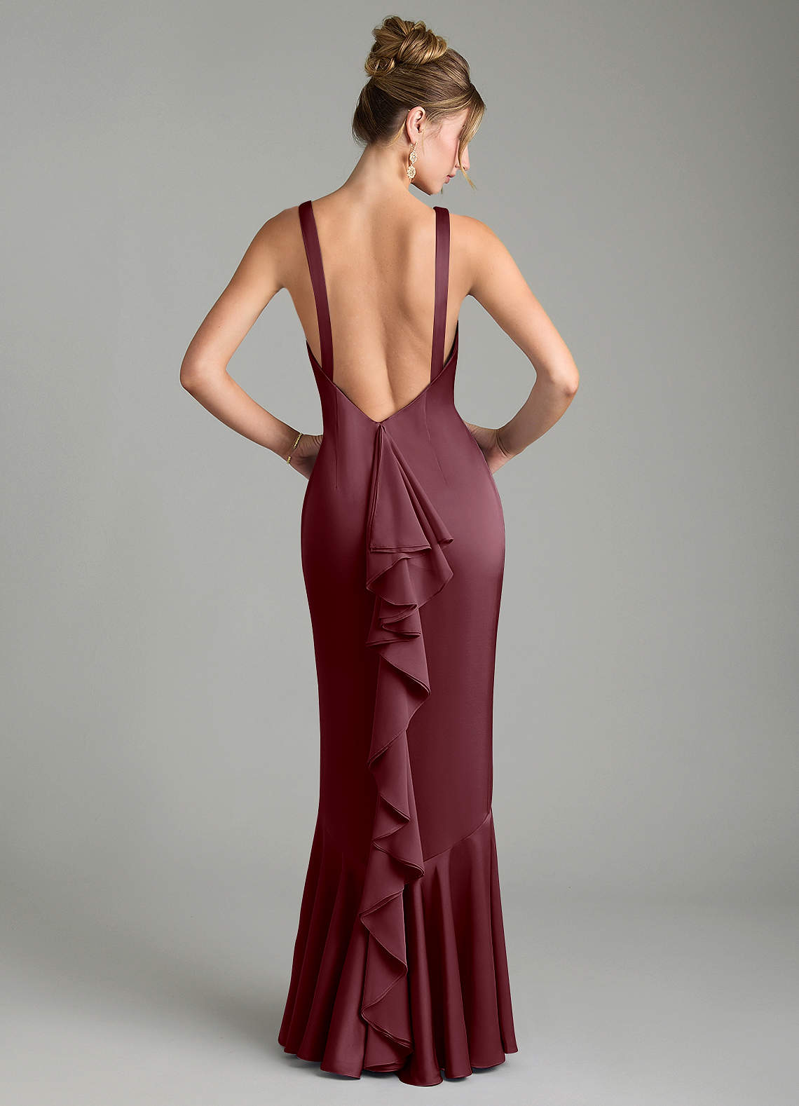 Tamera Mermaid Boat-Neck Stretch Satin and Chiffon Bridesmaid Dress in Sangria