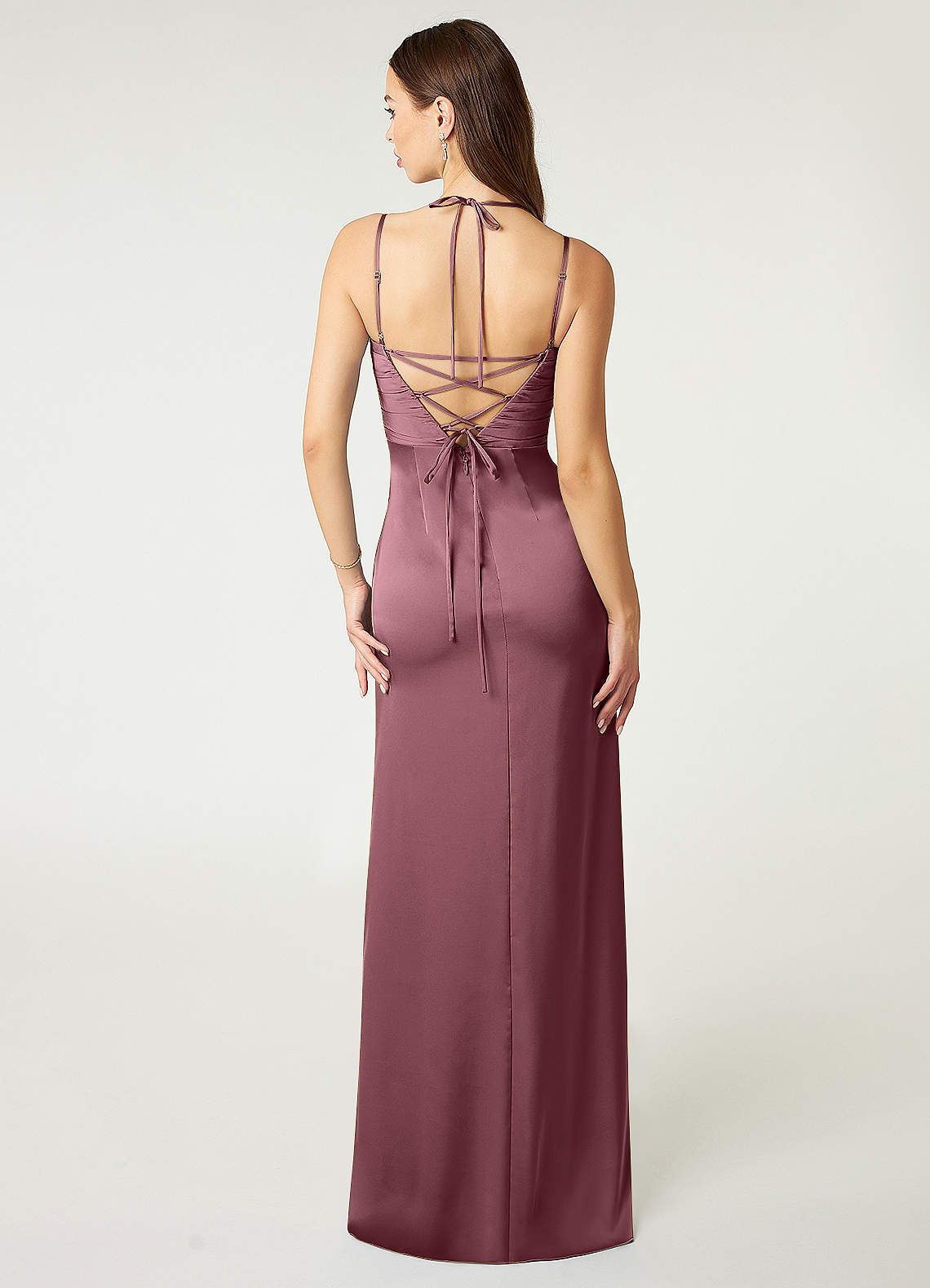 Desi Sheath Halter Stretch Satin Bridesmaid Dress in Desert Rose