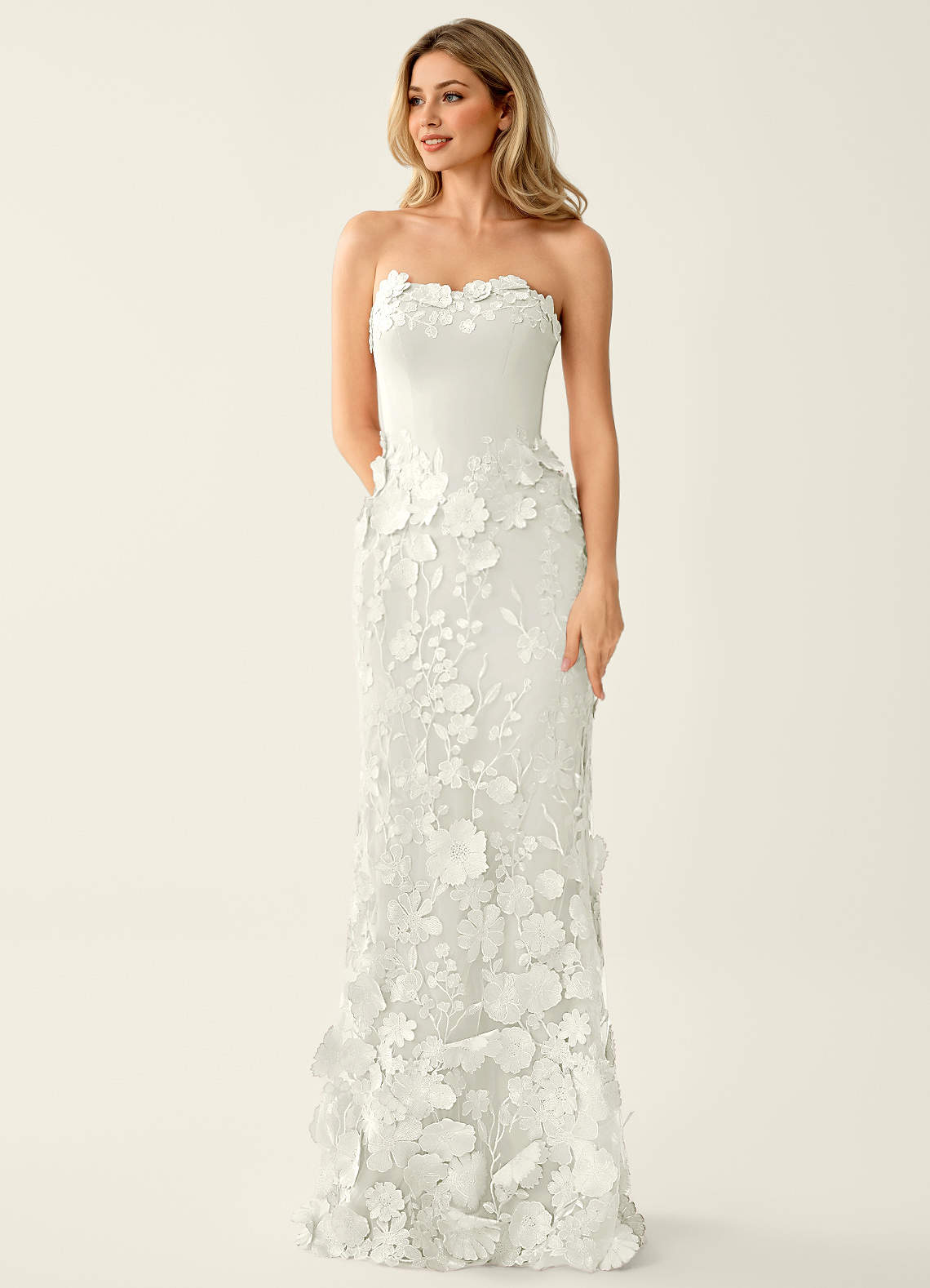 Wrensincia Mermaid Strapless Crystal Linen Satin Evening Dress in White