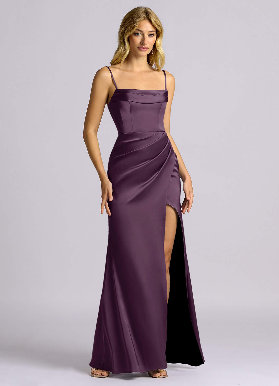 Auden Sheath Off-the-Shoulder Stretch Satin Bridesmaid Dress in Plum