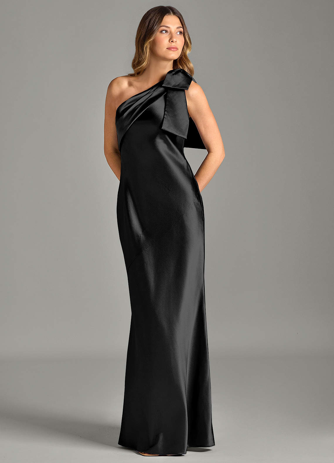 Yuanna Mermaid One-Shoulder Metallic Satin Bridesmaid Dress in black
