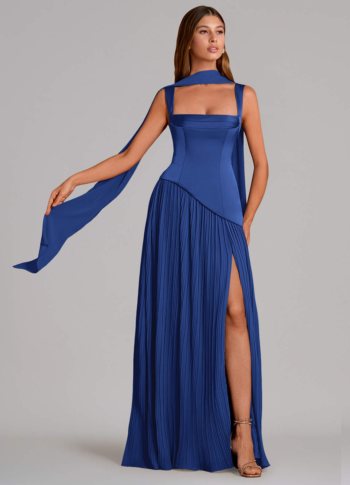 Stephanie A-Line Square-Neck Stretch Satin and Chiffon Bridesmaid Dress in Royal Blue