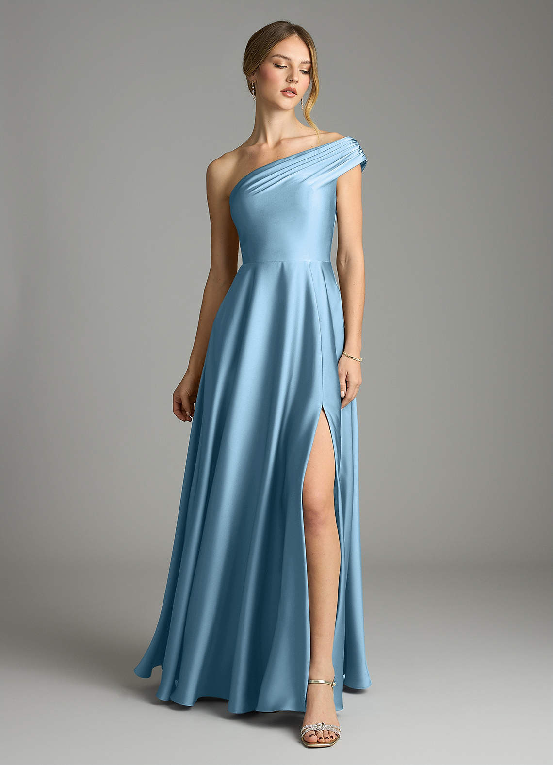 Melanie A-Line One-Shoulder Stretch Satin Bridesmaid Dress in Steel Blue