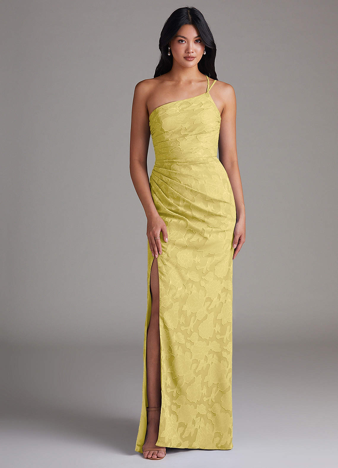Eren Sheath One-Shoulder Floral Burnout Bridesmaid Dress in Canary