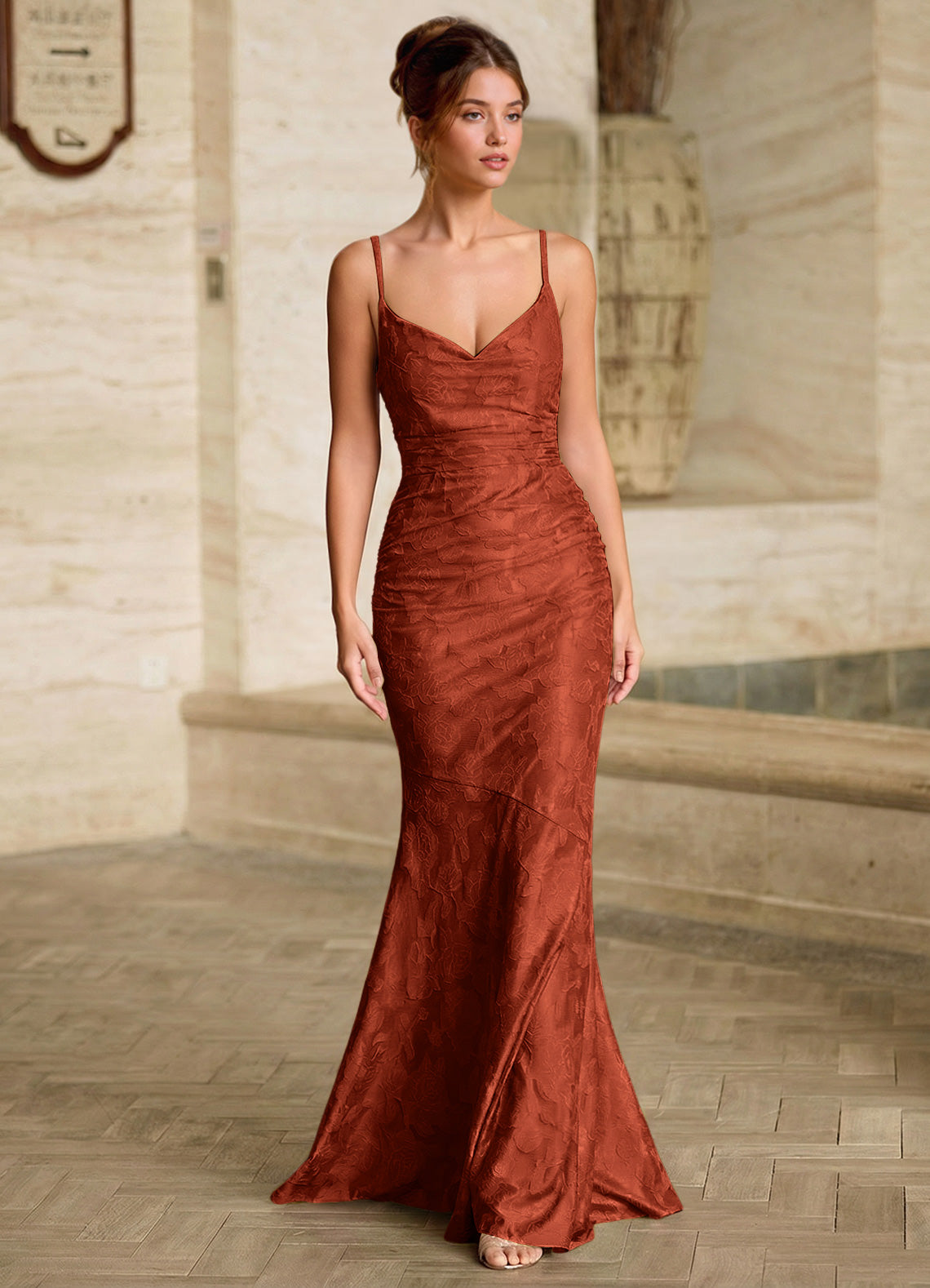 Leahenmo Mermaid Cowl-Neck Floral Burnout Prom Dress in Auburn - photo 3