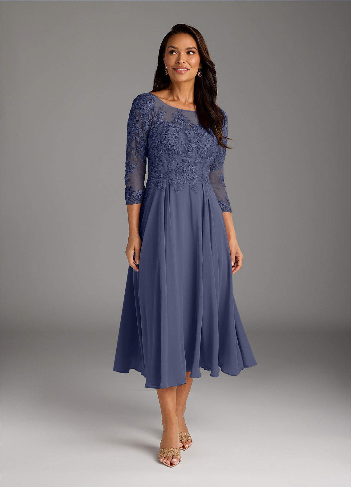 Marge A-Line Scoop-Neck Chiffon and Lace Mother of the Bride Dress in Stormy