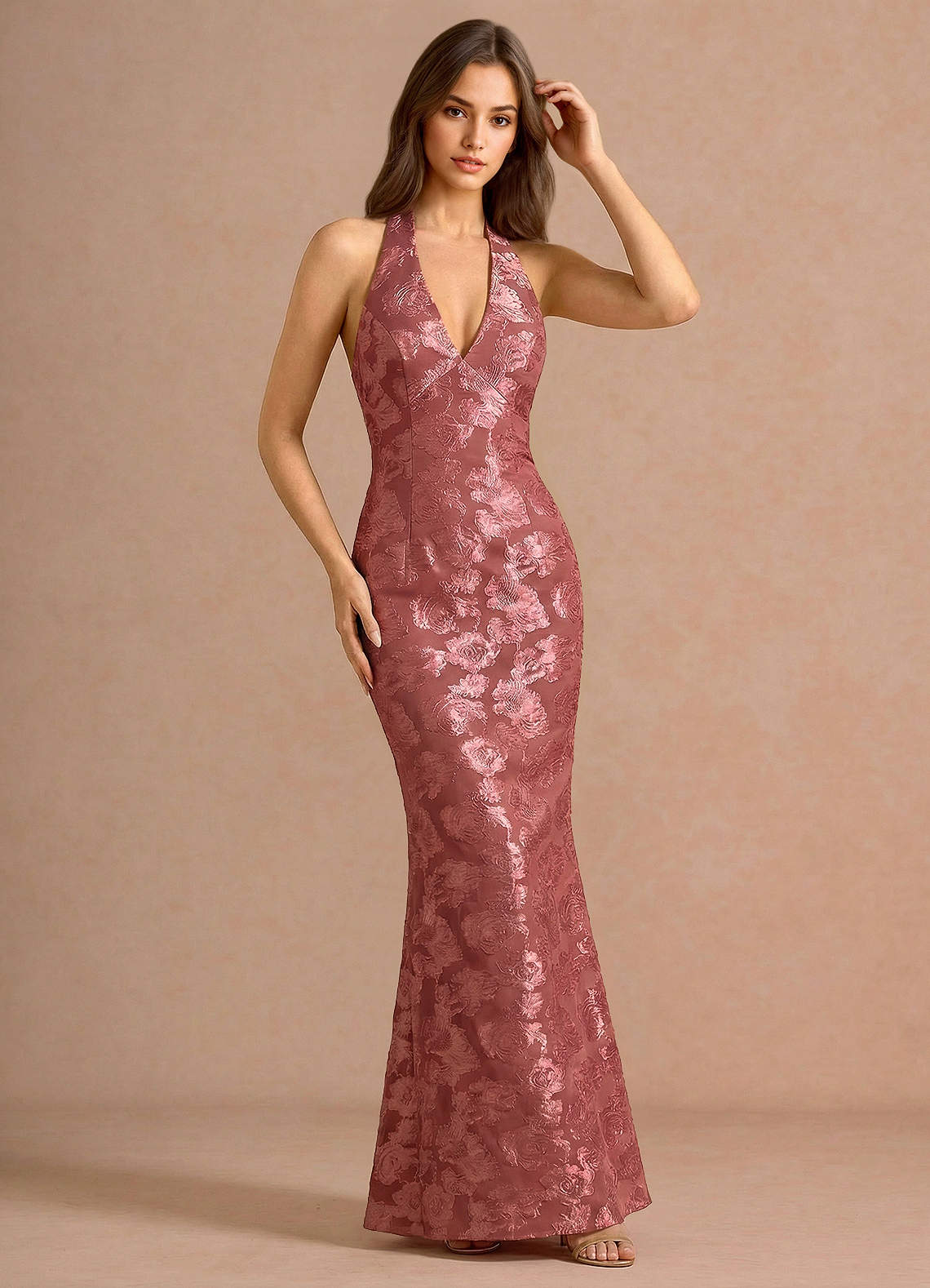 Valerie V-Neck Open-Back Fil Coupé Evening Dress in Vintage Rose