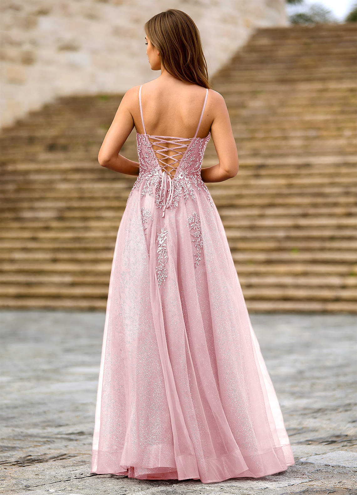 Milliener A-Line V-Neck Tulle Evening Dress in pink