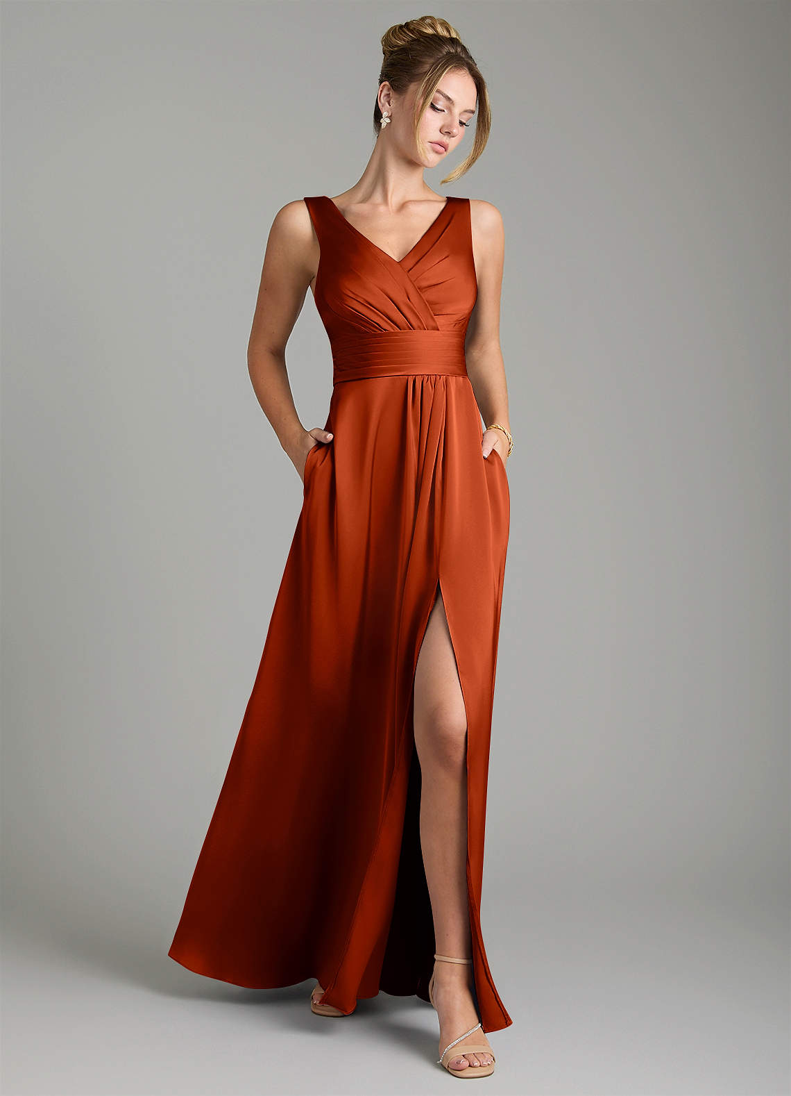Karina A-Line V-Neck Stretch Satin Bridesmaid Dress in Paprika