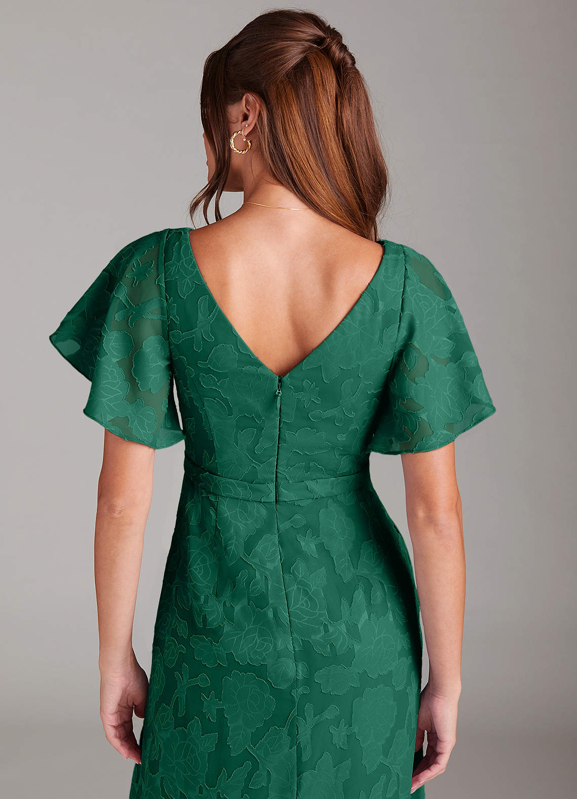 Ambrosia A-Line V-Neck Floral Burnout Bridesmaid Dress in Emerald