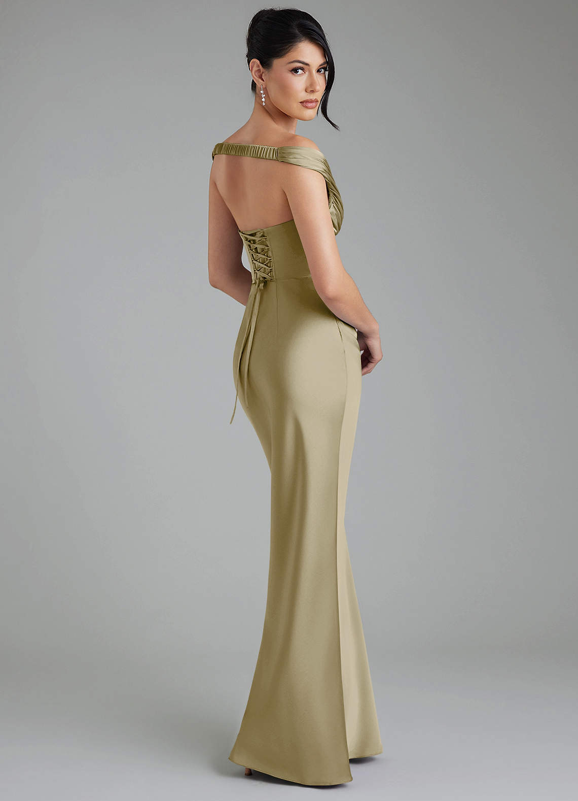 Stella Sheath V-Neck Stretch Satin Bridesmaid Dress in Moss Green