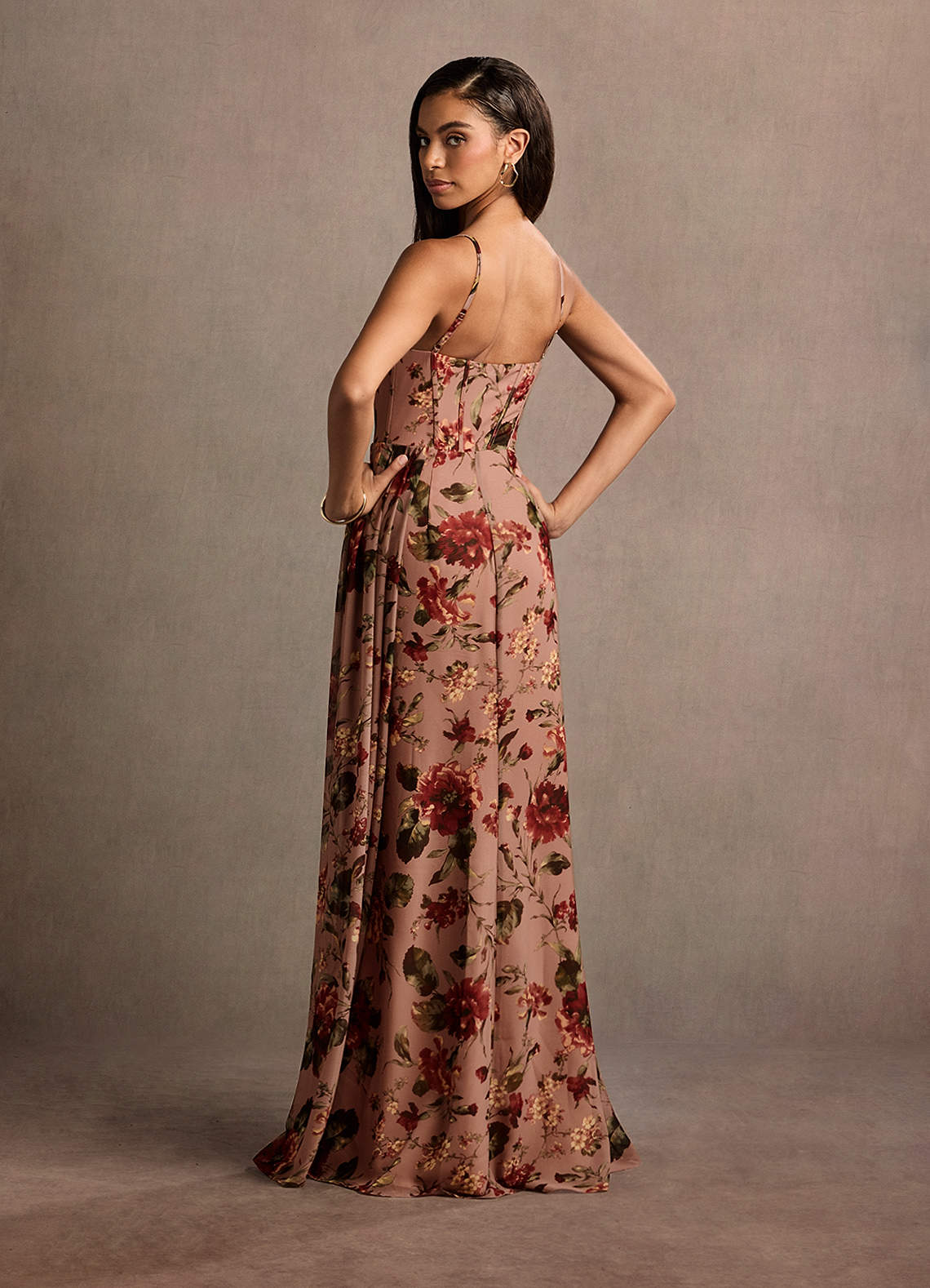 Aurra A-Line Pleated Floral Chiffon Wedding Guest Dress in Mauve Multi