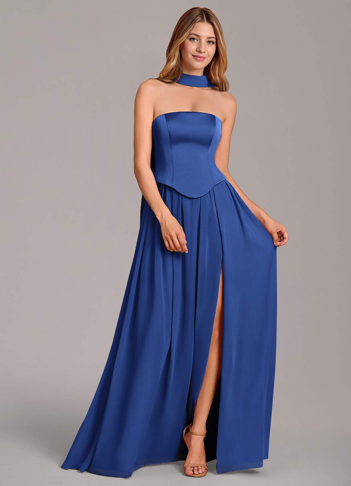 Cadence A-Line Strapless Chiffon and Stretch Satin Bridesmaid Dress in Royal Blue