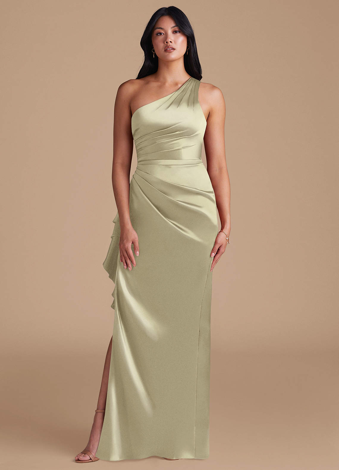 Latrice Sheath One-Shoulder Metallic Satin Bridesmaid Dress in Moss Green