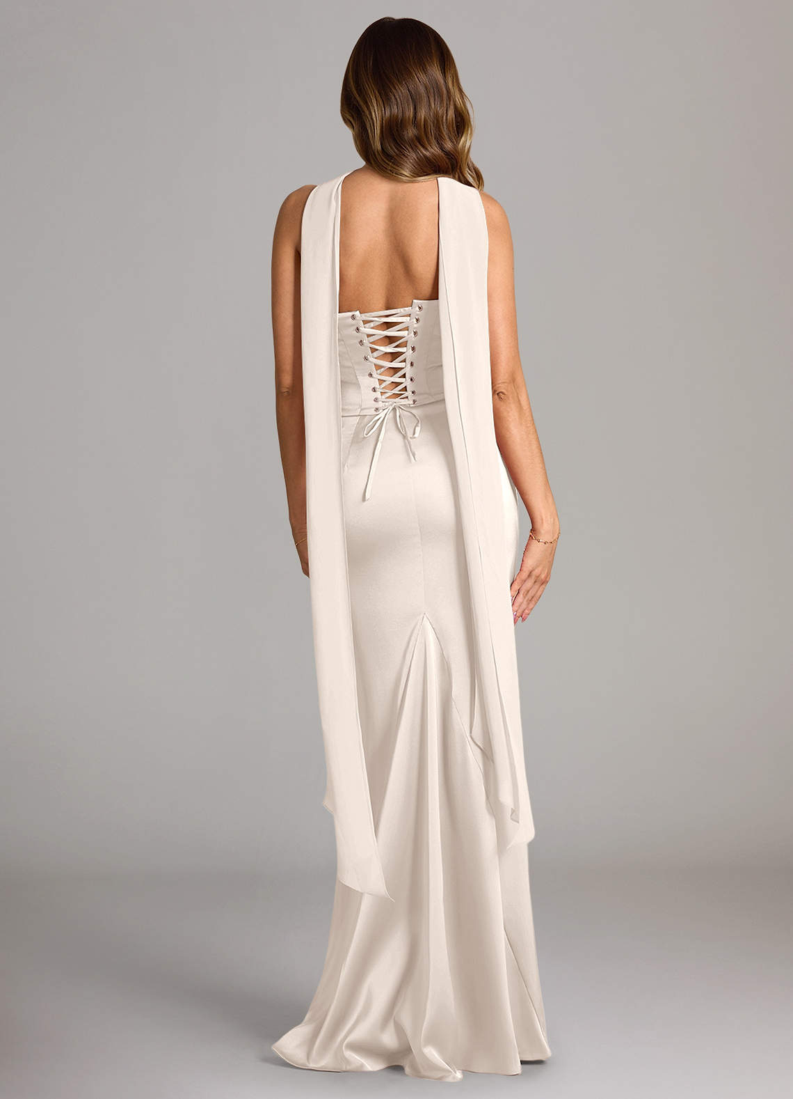 Sorrel Mermaid Cowl-Neck Stretch Satin and Chiffon Bridesmaid Dress in White Alabaster