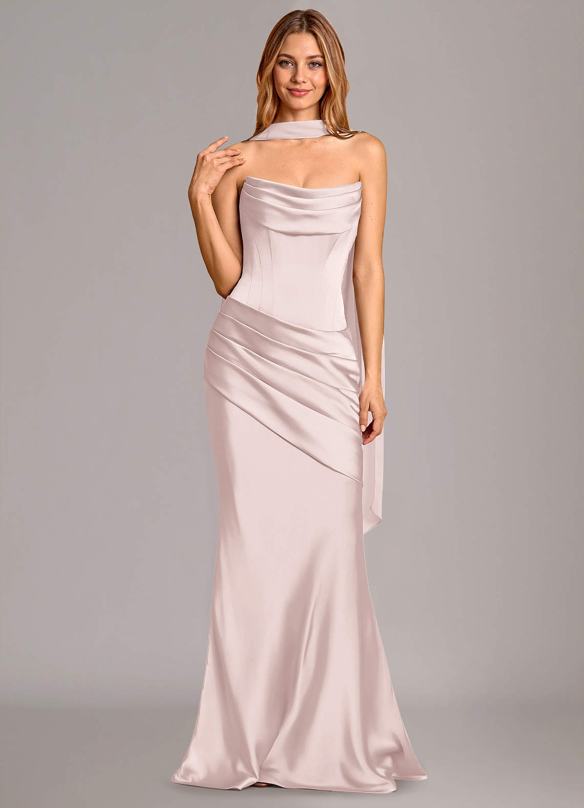 Pelagia Mermaid Cowl-Neck Stretch Satin Bridesmaid Dress in Blushing Pink
