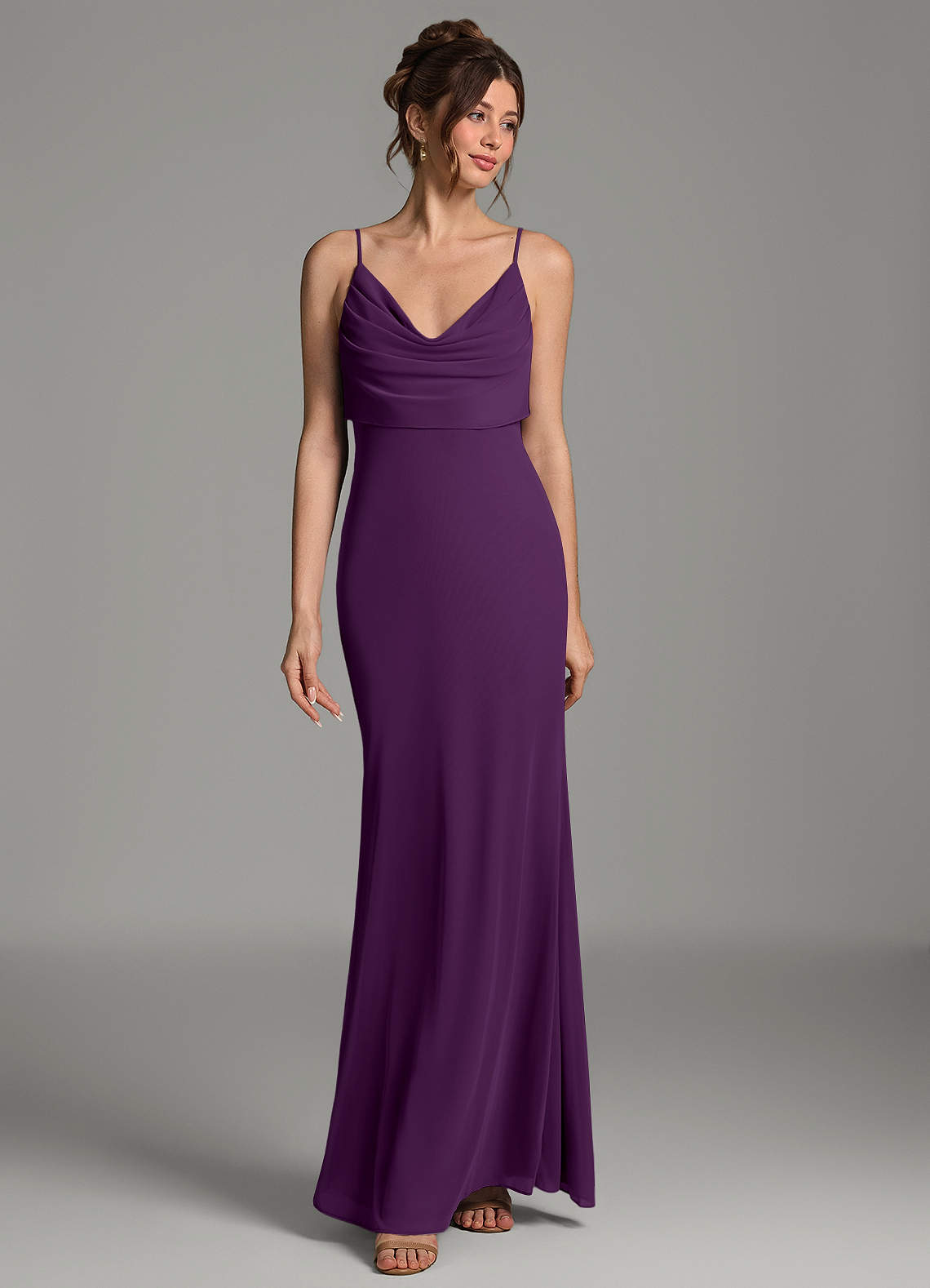 Zari Mermaid Cowl-Neck Mesh Bridesmaid Dress in Grape