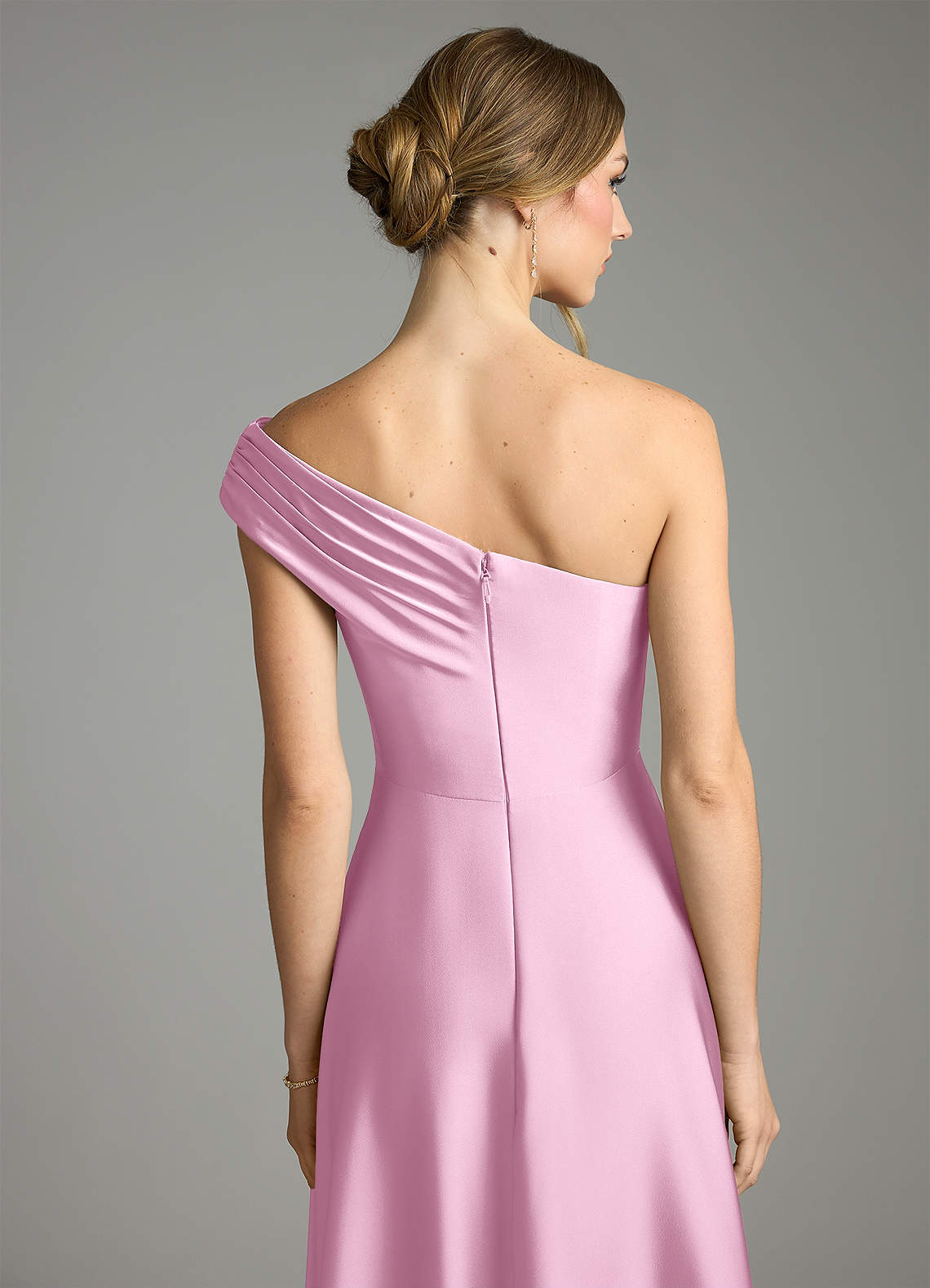 Melanie A-Line One-Shoulder Stretch Satin Bridesmaid Dress in candy pink