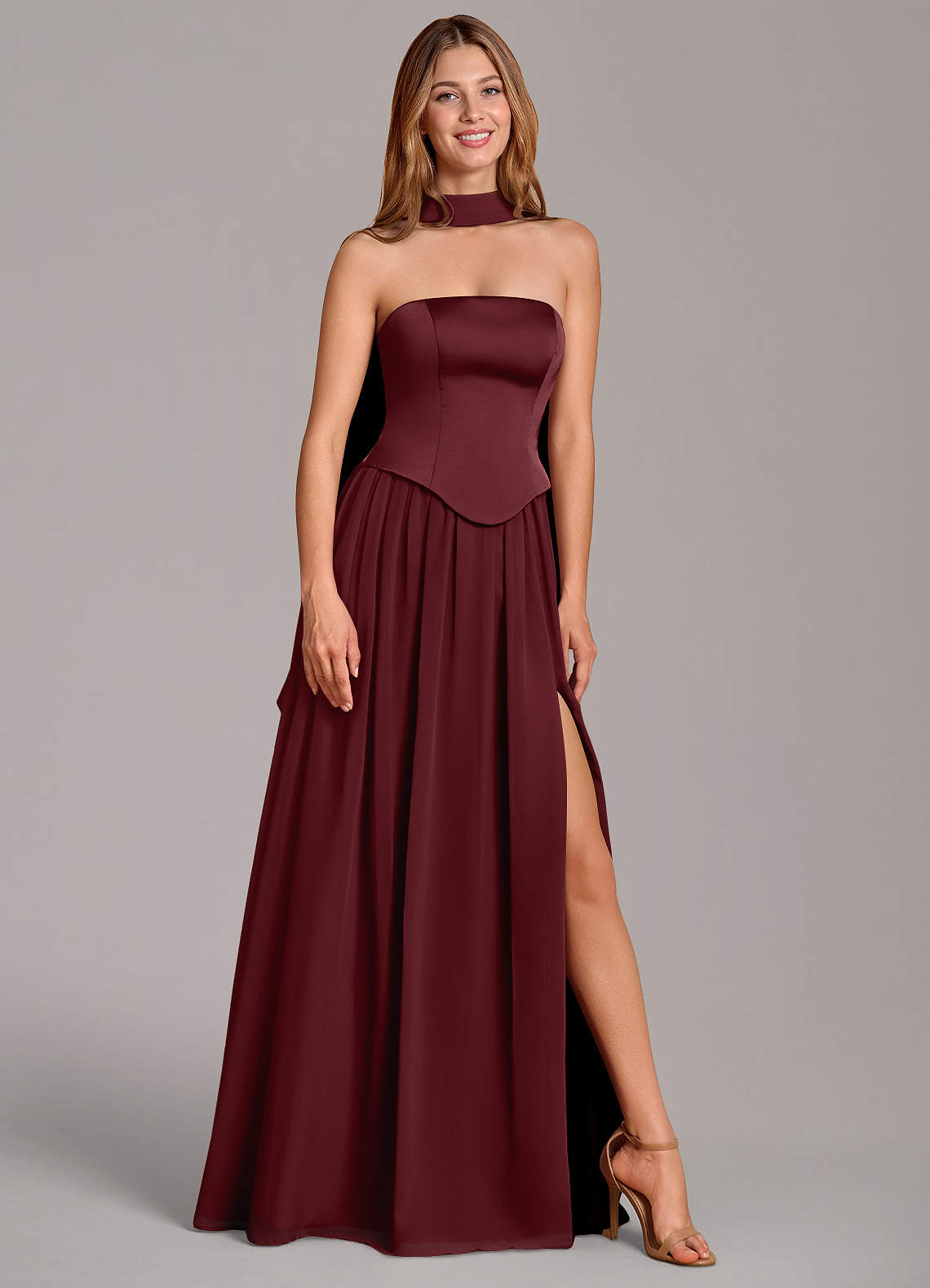 Cadence A-Line Strapless Chiffon and Stretch Satin Bridesmaid Dress in Cabernet