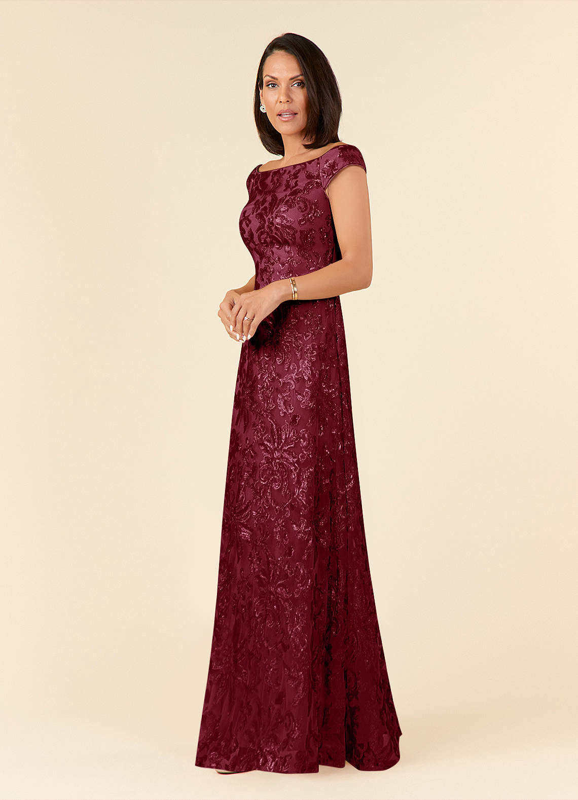 Porcelain A-Line Off-the-Shoulder Lace Mother of the Bride Dress in Burgundy