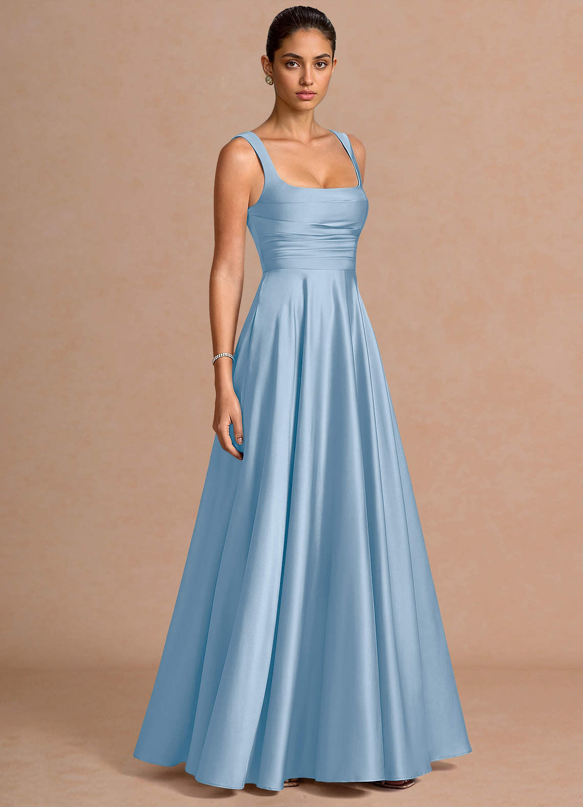 Azaria A-Line Square-Neck Stretch Satin Wedding Guest Dress in Haze blue