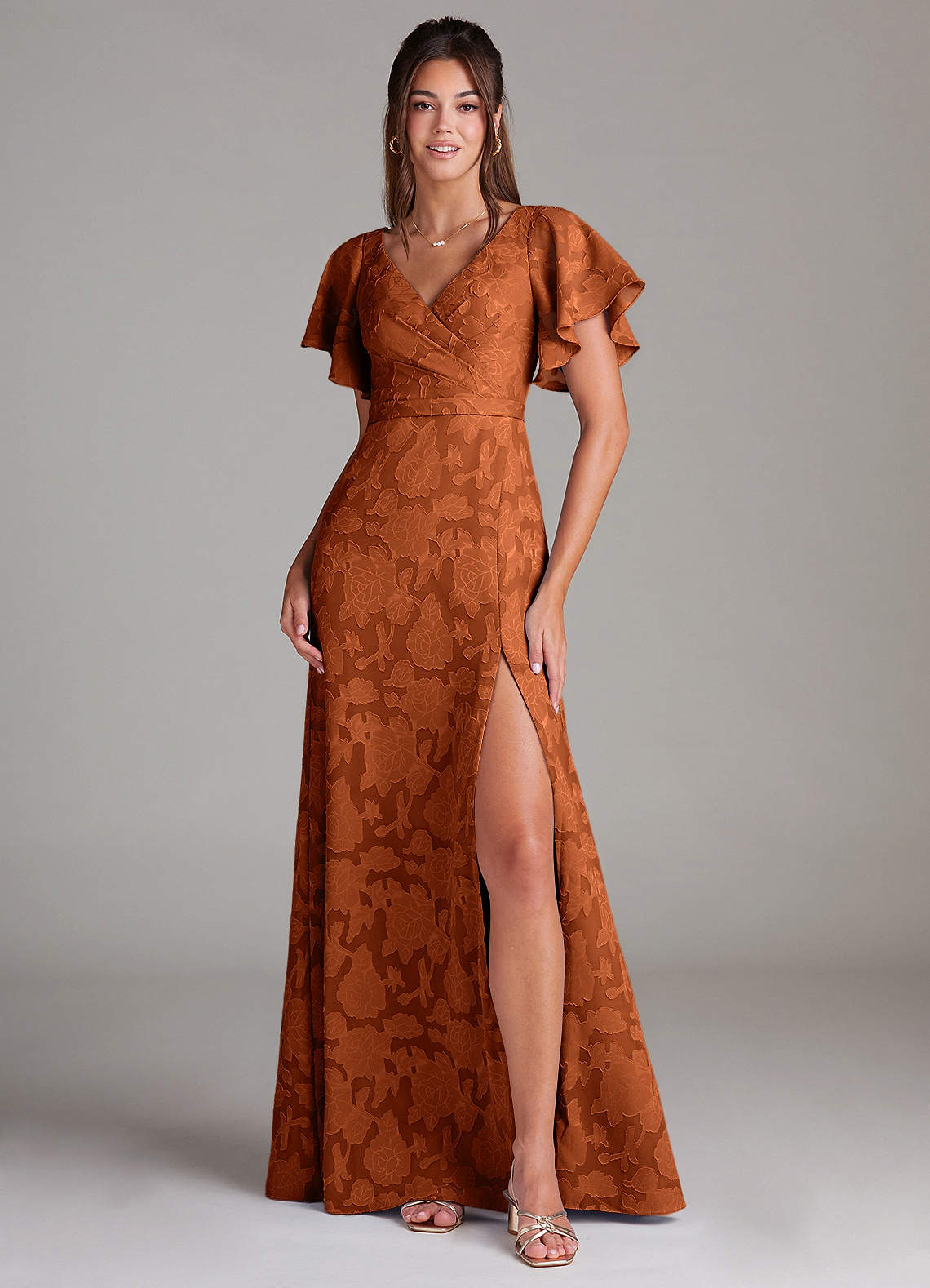 Ambrosia A-Line V-Neck Floral Burnout Bridesmaid Dress in Burnt Orange