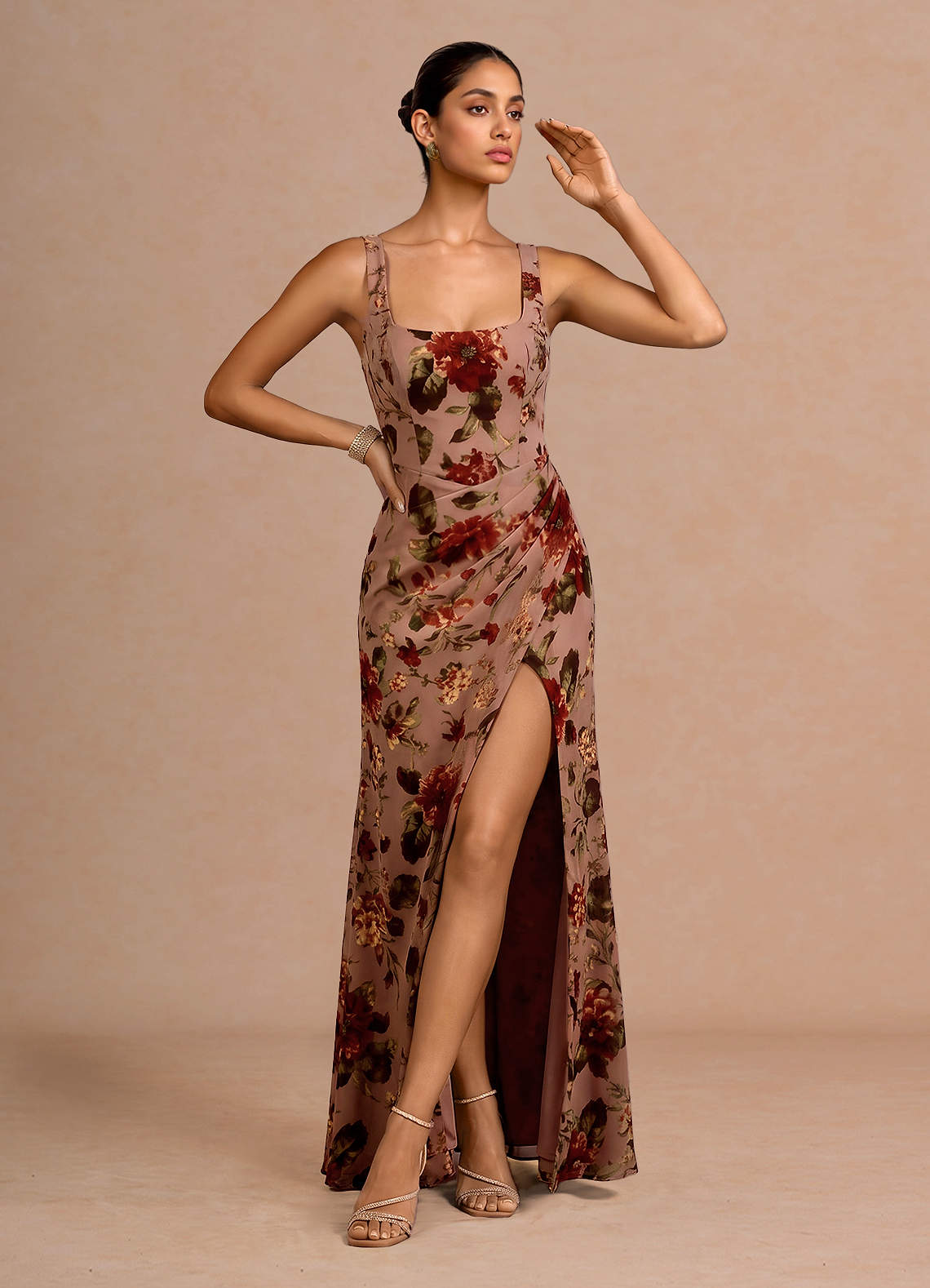 Isabelle Sheath Square-Neck Chiffon Wedding Guest Dress in Mauve Multi