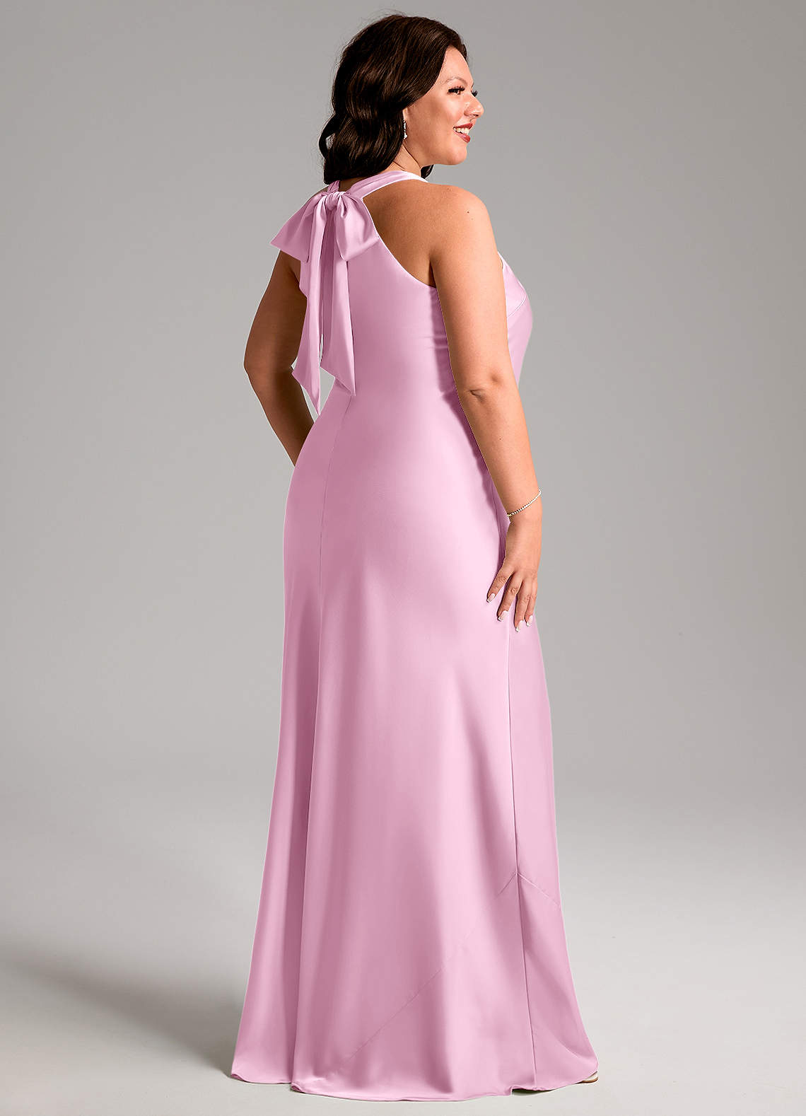 Doretta Mermaid Halter Stretch Satin Bridesmaid Dress in candy pink