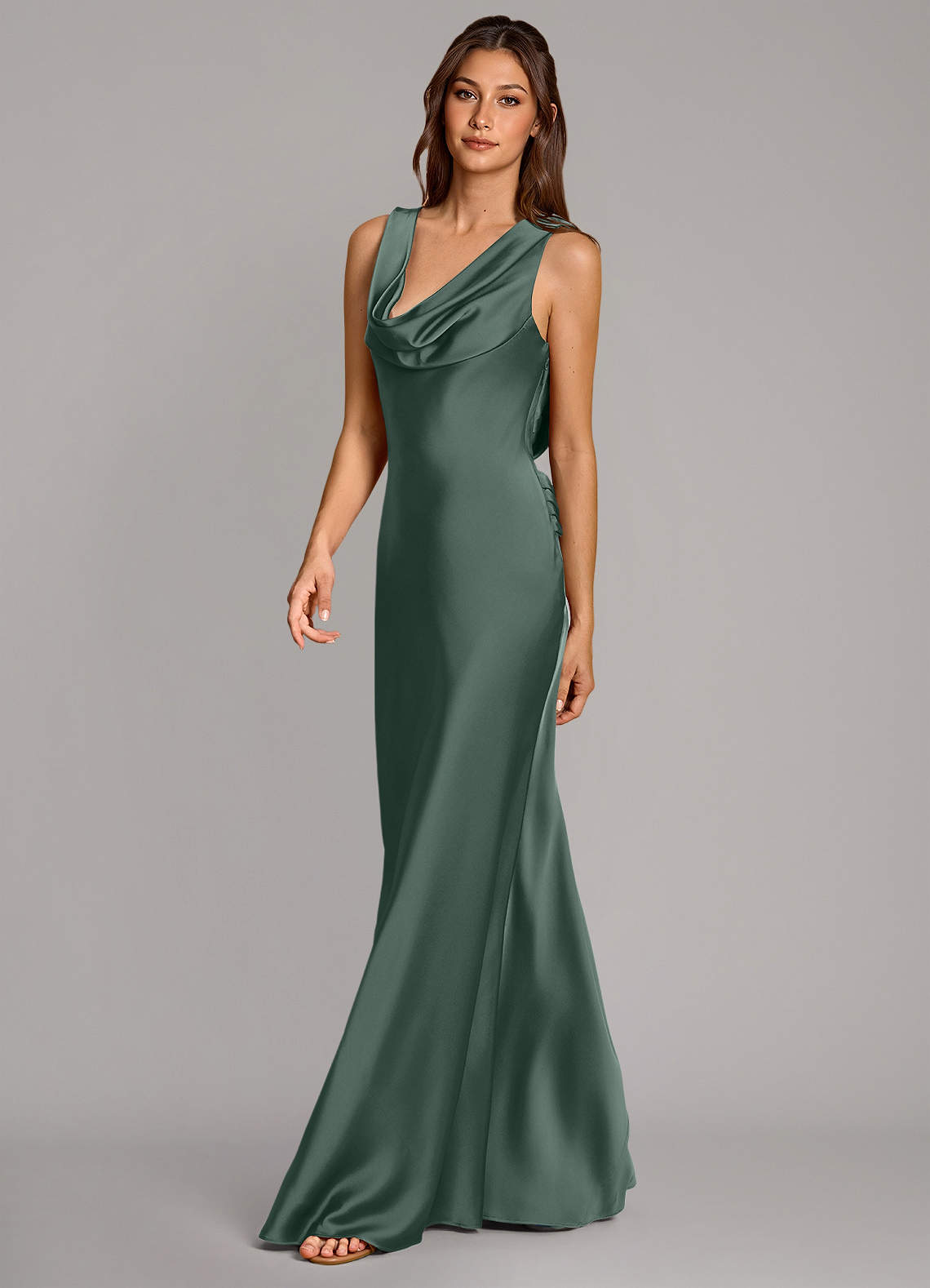 Cheryl Mermaid Cowl-Neck Stretch Satin Bridesmaid Dress in Sea Moss