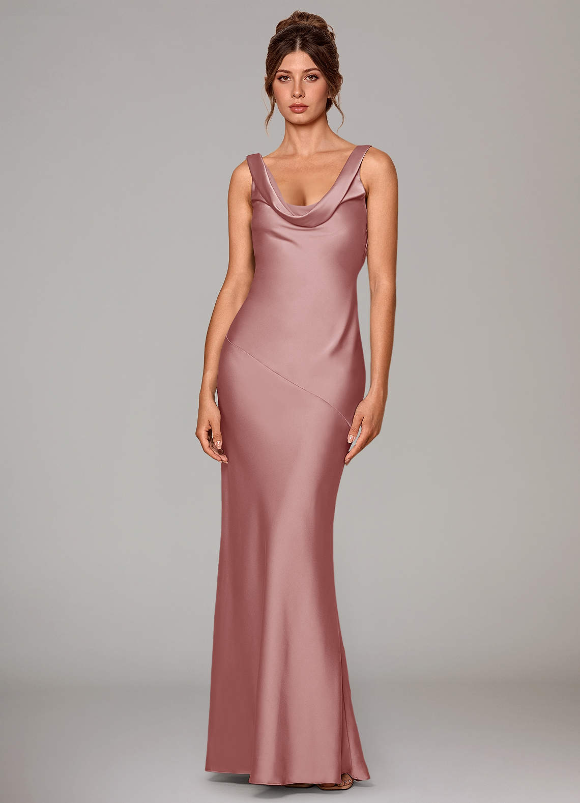 Rylina Mermaid Cowl-Neck Stretch Satin Bridesmaid Dress in dusty rose