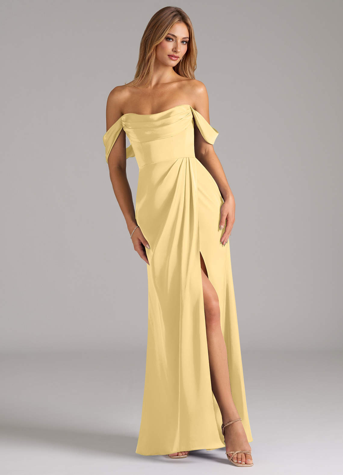 Johana Mermaid Off-the-Shoulder Stretch Satin Bridesmaid Dress in Butter