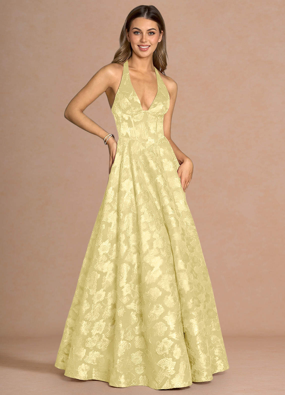 Isabeau A-Line V-Neck Fil Coupé Evening Dress in Lemon Sorbet