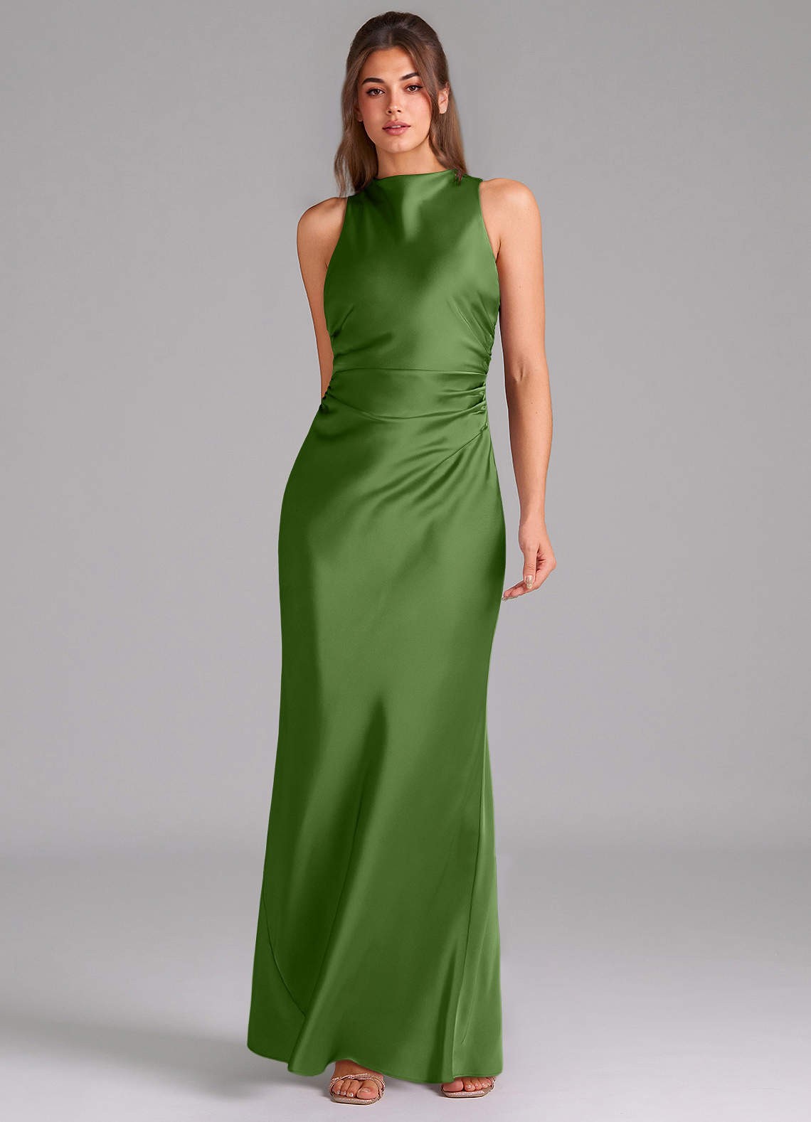 Evadne Sheath Scoop-Neck Stretch Satin Bridesmaid Dress in Basil