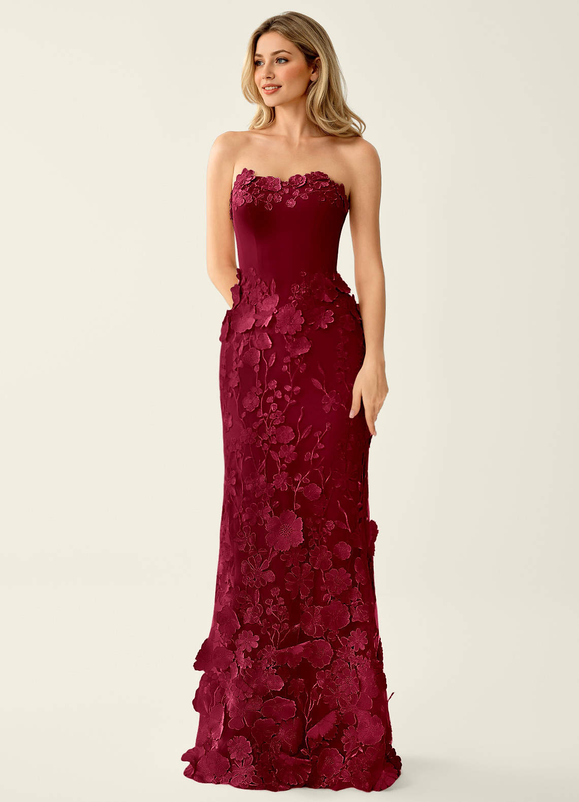 Wrensincia Mermaid Strapless Crystal Linen Satin Evening Dress in Burgundy