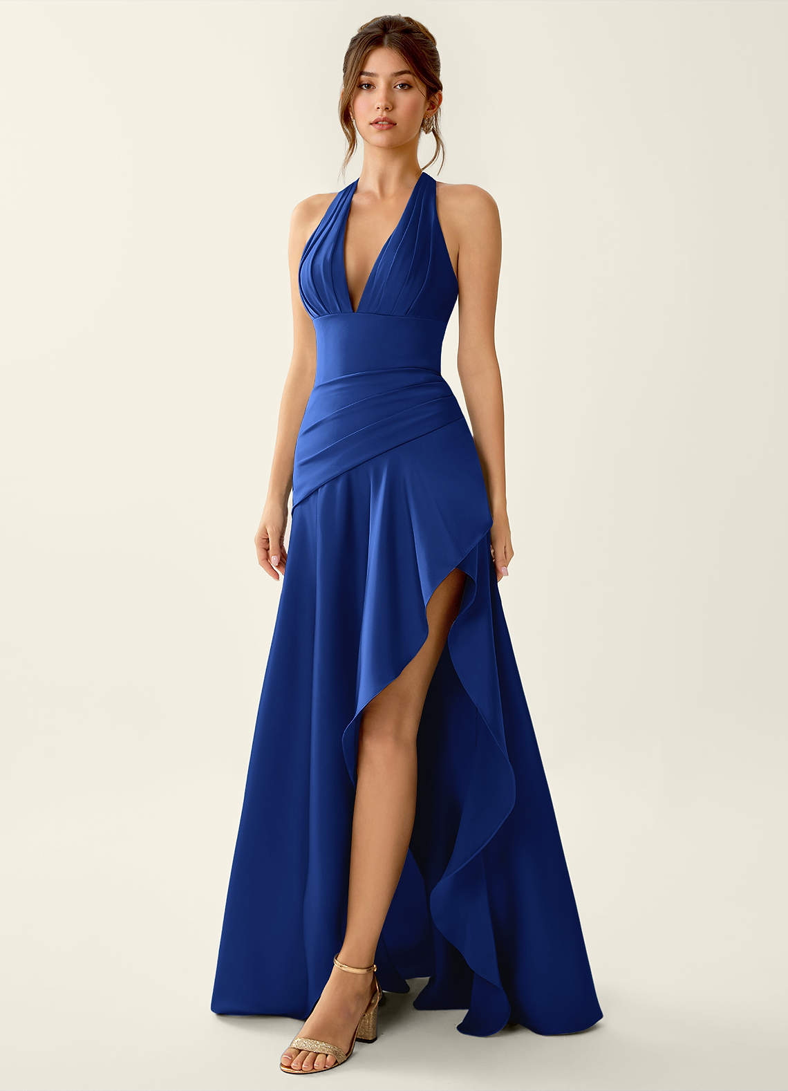 Titania Halter Asymmetric-Ruffle Satin Evening Dress in Pastel Yellow
