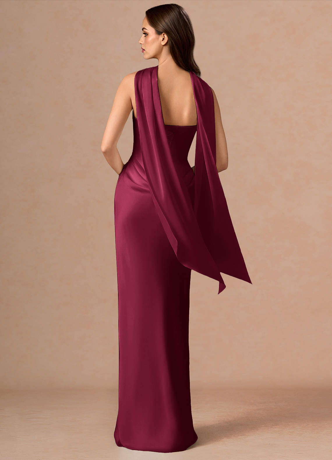 Valencia Scarf Lace-Up Stretch Satin Evening Dress in Merlot