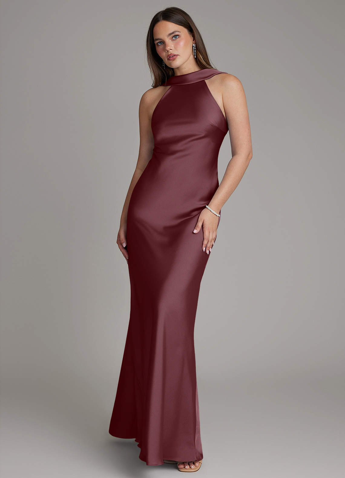 Dimitra Sheath Halter Stretch Satin Bridesmaid Dress in Sangria
