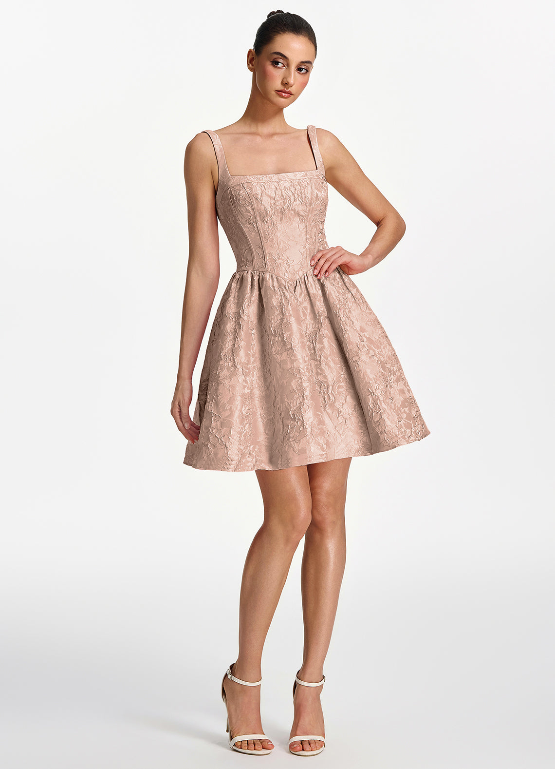 Lionelle Skater Mini Square-Neck Jacquard Prom Dress in Light Apricot - photo 5