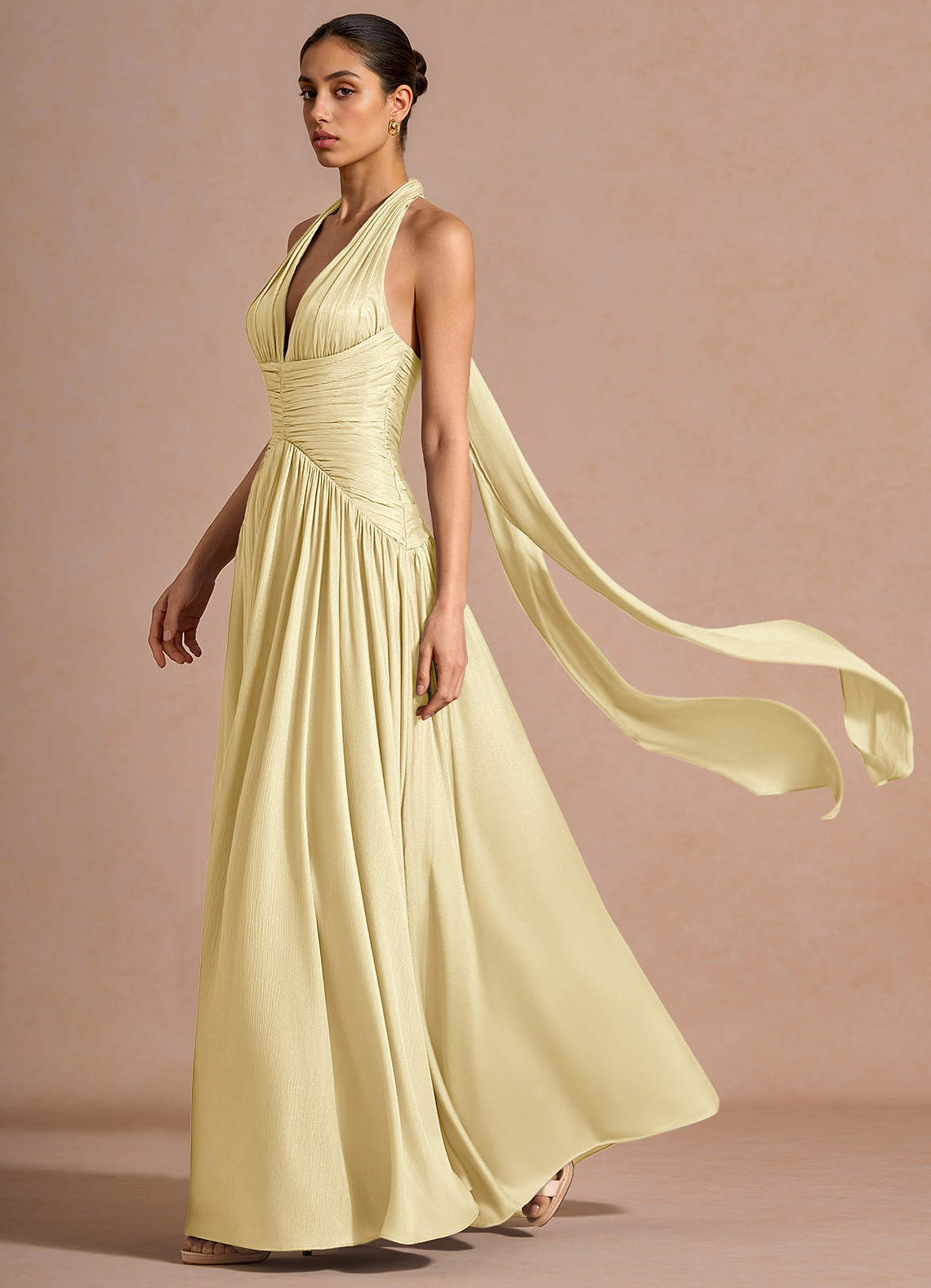 Hecate A-Line Halter Satin-Faced Chiffon Evening Dress in Sky Blue