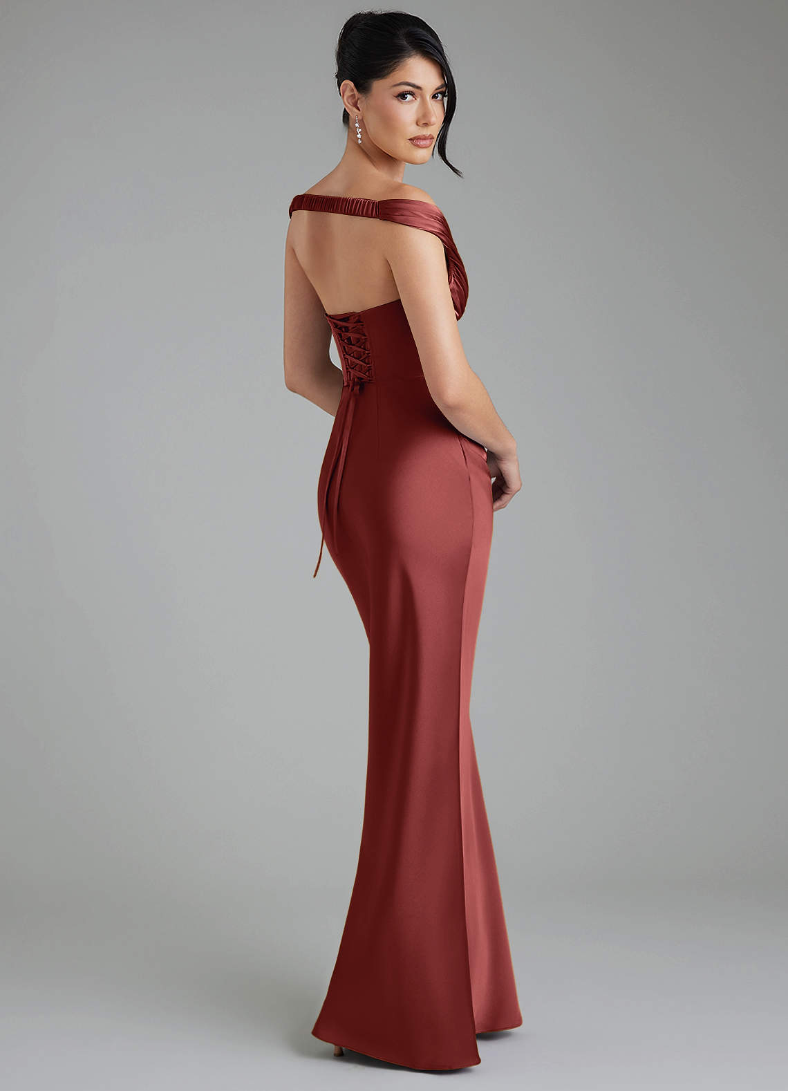 Stella Sheath V-Neck Stretch Satin Bridesmaid Dress in Terracotta