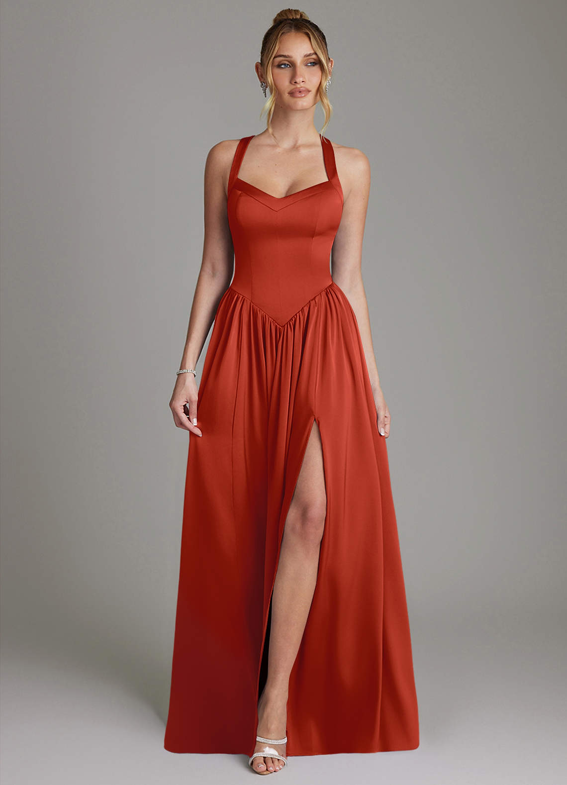 Francis A-Line V-Neck Stretch Satin Bridesmaid Dress in Rust