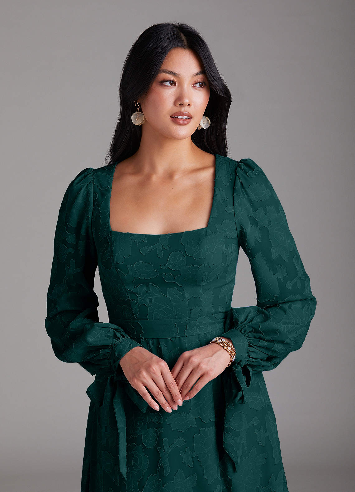 Leonia A-Line Square-Neck Stretch Satin Bridesmaid Dress in Pine