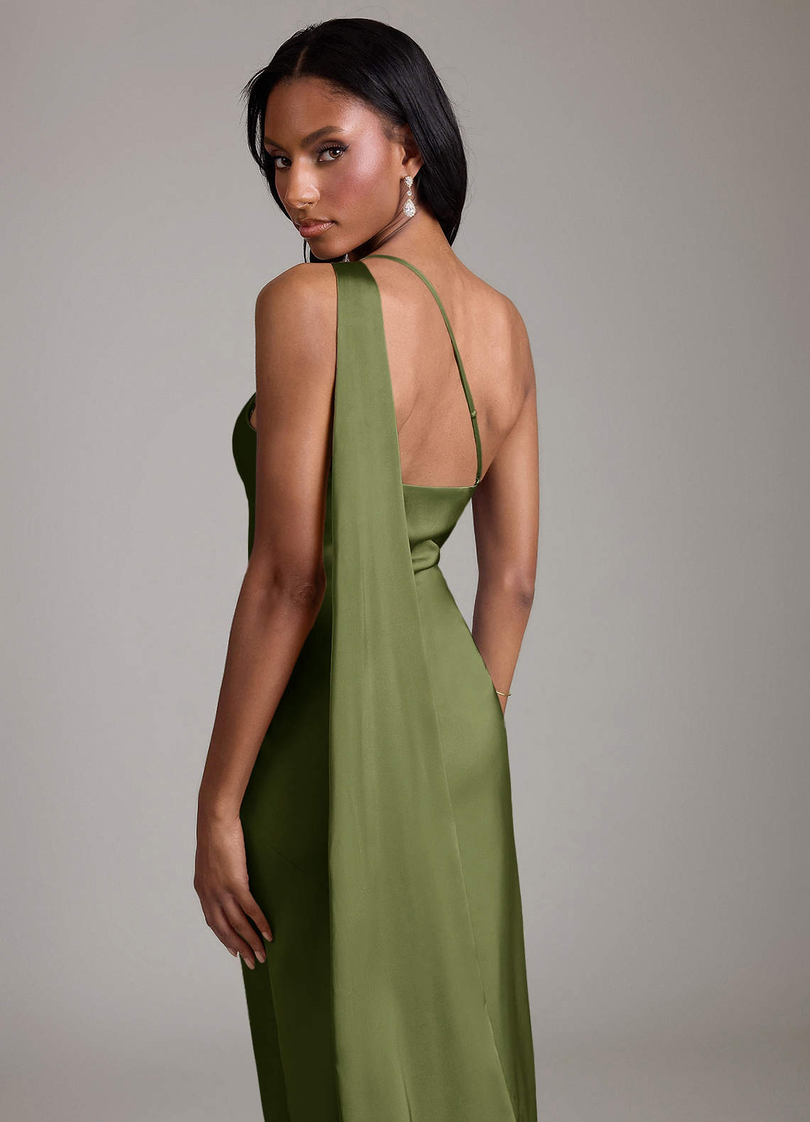 Juniper Mermaid One-Shoulder Stretch Satin Bridesmaid Dress in Olive