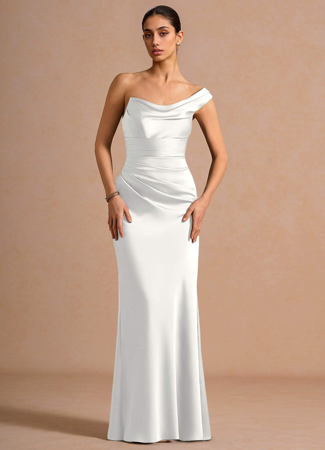 Cassiopeia One-Shoulder Draped Stretch Satin Evening Dress in Lemon Green