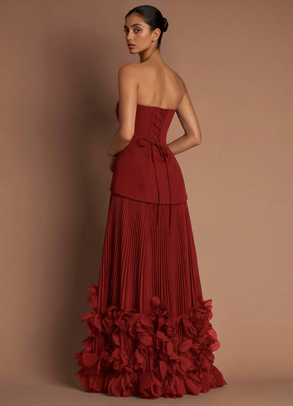 Marnie A-Line Corset Crepe Chiffon Evening Dress in Burnt Umber