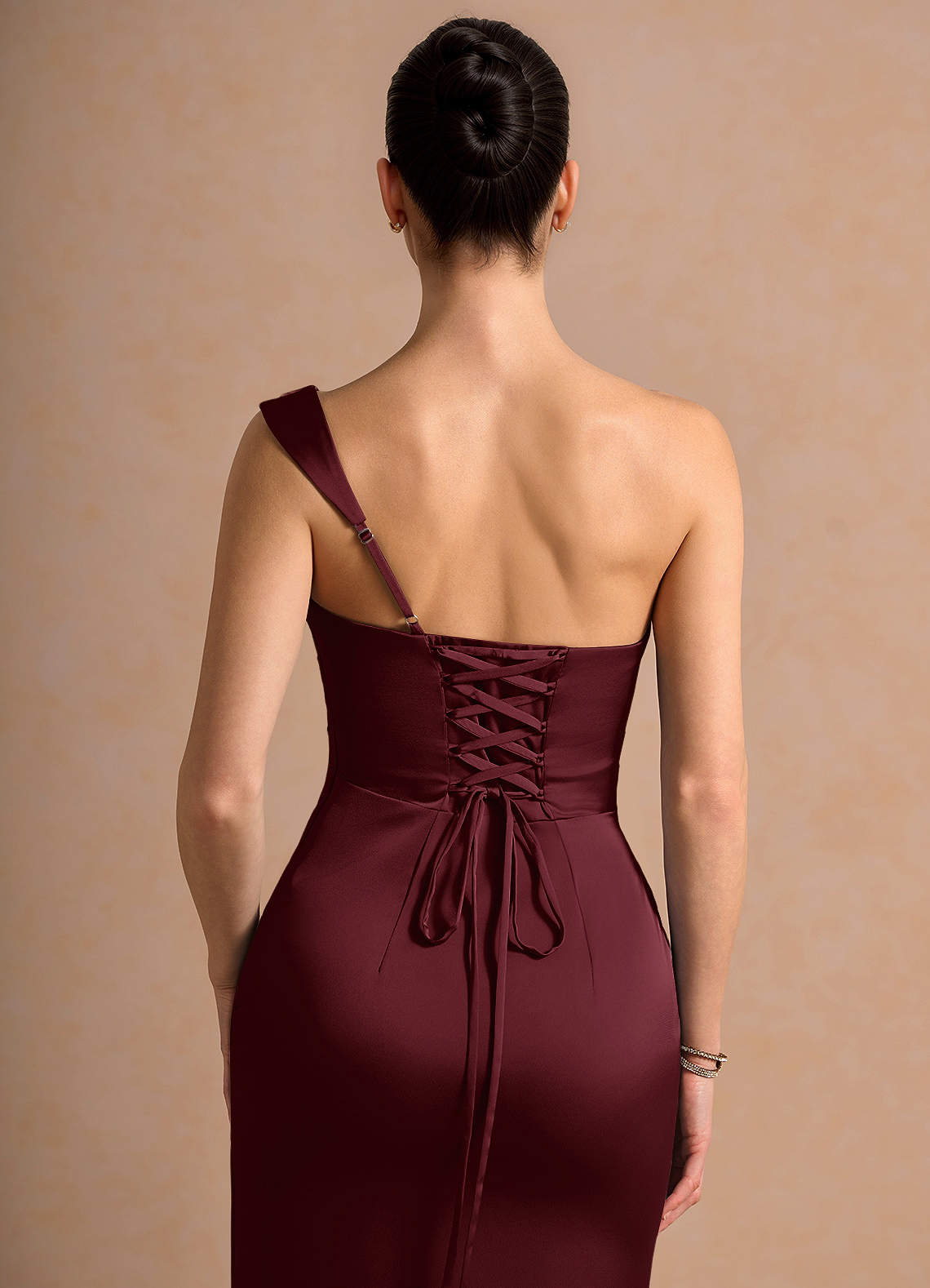 Cassiopeia One-Shoulder Draped Stretch Satin Evening Dress in Wine